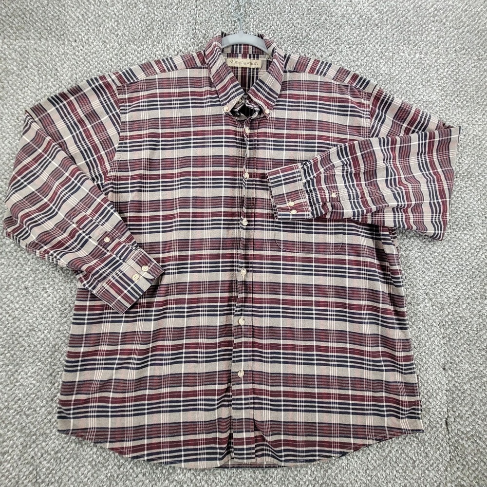 Munsingwear Mens Long Sleeve Burgundy Gray Blue Check Stripe Button Up Size XL